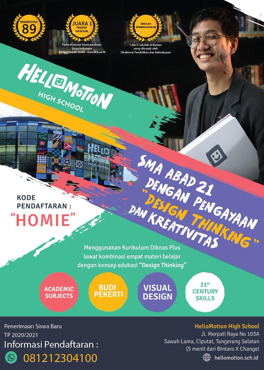 HelloMotionID's tweet photo. Masih dibuka pendaftaran di 
@smahellomotion sekolah untuk siswa kreatif yang dilengkapi kurikulum abad 21 dan design thinking.
Informasi: 081212304100
https://t.co/dp5WHvtut8 https://t.co/4XJjCQeIRK