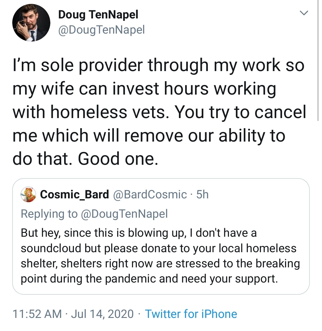 Doug argues that if you "cancel" him then you're actually hurting homeless vets.