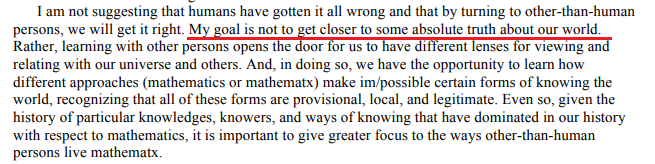 15/Not only is Rochelle Gutierrez bringing radical politics into math class, she (like Henry Giroux) doesn't think Math is objective. That means she isn't even trying to get to absolute truth and she thinks the idea that math can solve problems is a fallacy.See for yourself:
