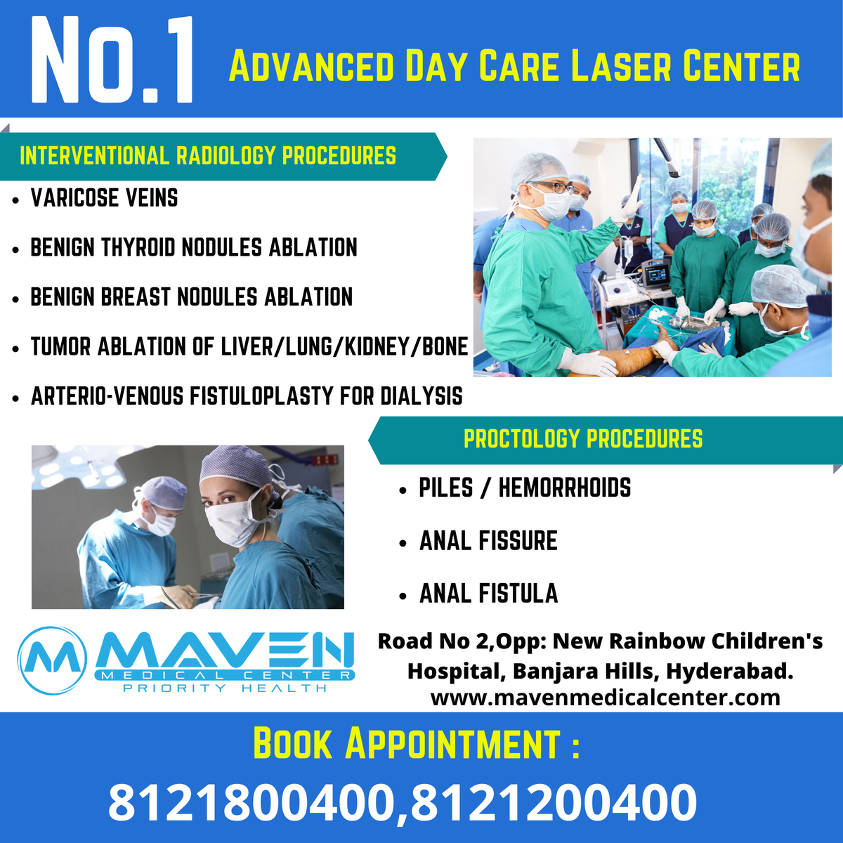 304343130109108 No.1 Advanced Day Care Laser Center
👉 First Laser Center in both Telugu States
👉 9 Years Experience
👉 7000+ Laser Surgeries
👉 98% Success Rate
Book Appointment now @ 👉👉👉 mavenmedicalcenter.com
Call : 8121800400, 8121200400
#MavenMedicalCenter #varicosevein