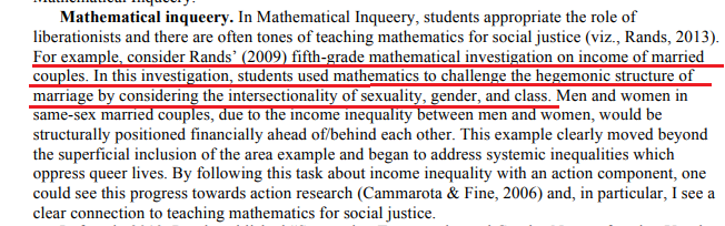 17/Christopher Dubbs wrote a paper where he suggests, and I'm not kidding, teaching grade 5 kids to challenge the structure of marriage by appealing to race, gender, and sexuality. He also thinks "queering" math (making math queer) can provide kids with an alternative reality.