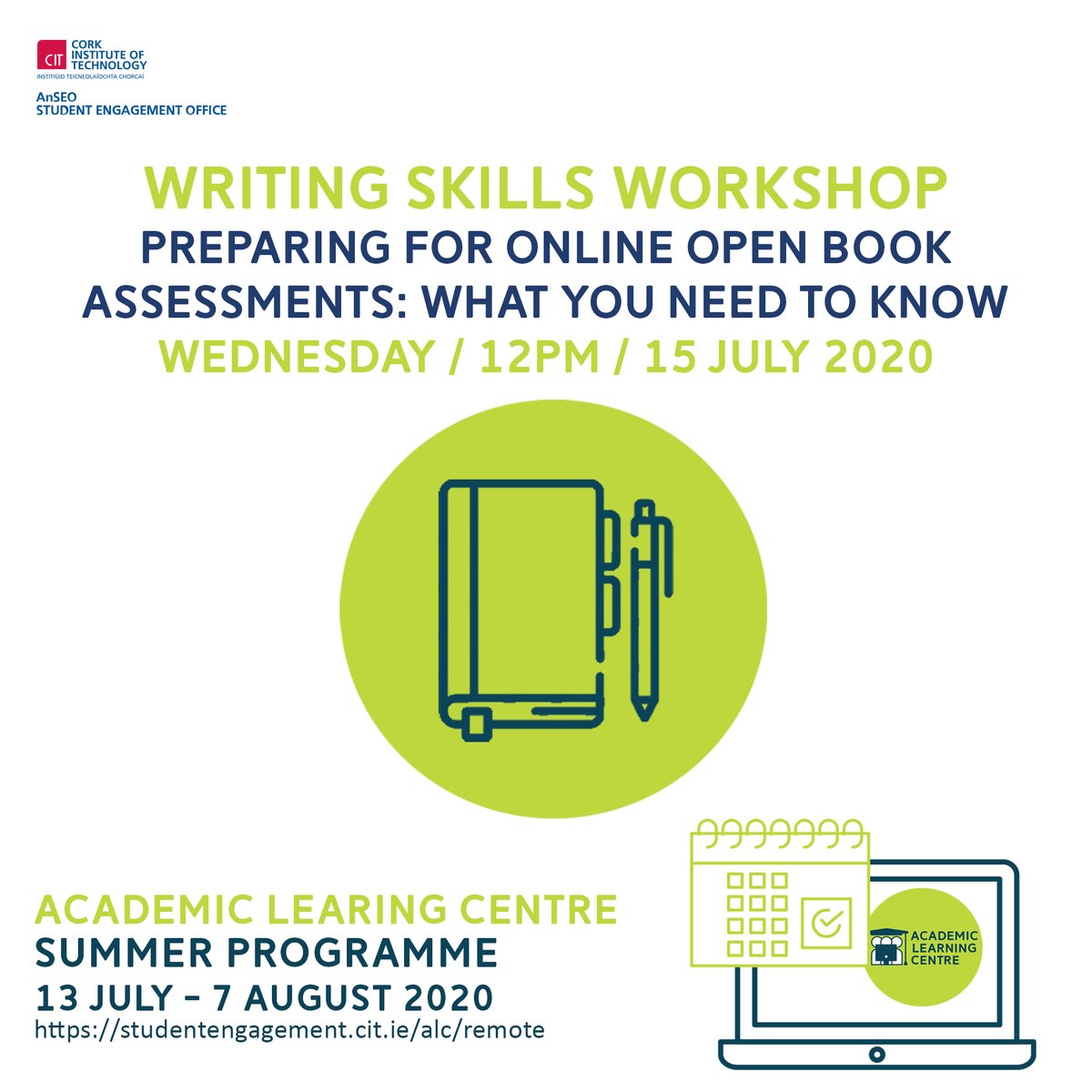 MTU_ie's tweet photo. Concerned about writing up assignments and assessments? Book your spot at Dr Sheila Walsh's workshop 'Preparing for online open book assessments: What you need to know' this Weds 15th July at 12.00pm by emailing academiclearning@cit.ie Spaces are limited. #ALCSummerProgramme https://t.co/ErHyU6WoDN