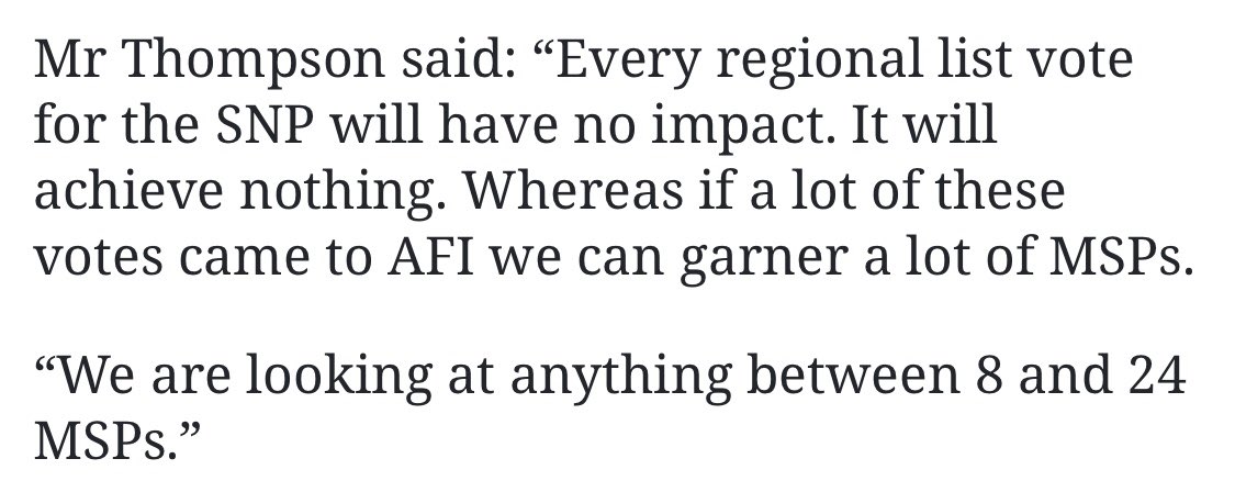 This is demonstrably untrue: even in 2016, the South of Scotland and Highlands & Islands returned SNP list seats.And, as shown above, in H&I even the haemorrhaging of 5% of SNP votes to an insta-list party will see the loss of the SNP’s list MSP to the Tories!