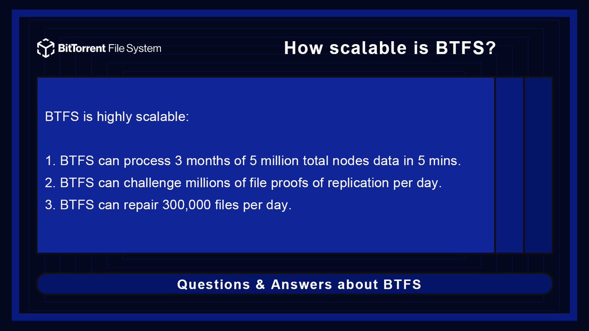 TronDao_JPN's tweet photo. 📢#BTFSClass:Q&A
🧐#BTFS はどのぐらいスケーラブルですか?
#BTFS は非常にスケーラブルです
✅#BTFS は、3カ月の500万のノードデータを5分で処理でる
✅#BTFS は1日あたり数百万のレプリケーションのファイル証明を処理できる
✅#BTFS は1日あたり300000ファイルを修復できる
#TRX #BTT https://t.co/Co9qob40CN