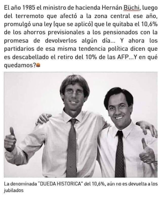 1985 y 2002 RN lo mismos que hoy se niegan al 10% proponían retirar el mismo porcentaje de fondos de pensiones para inversiones. Nada dijeron en contra Lavin y Piñera. Xq hoy no? #Chile #AFP #Retiro10