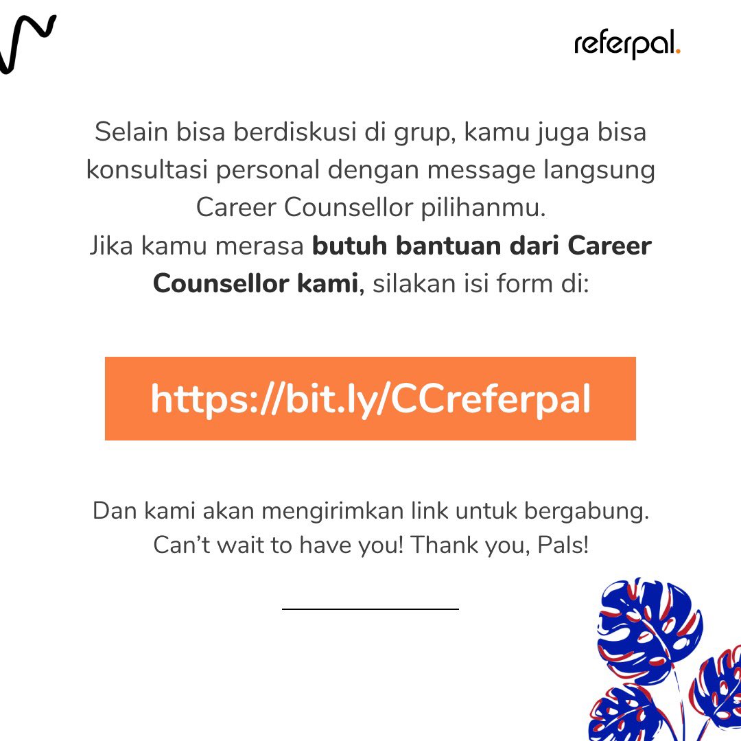 referpal's tweet photo. Hi pals! Have you join our Career Counsellor Group? #careercounselling #Careeradvice #community https://t.co/a51vq6w3BP