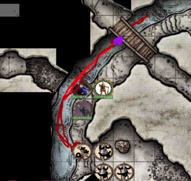 we killed a goblin on top of the bridge and he fell into the water and we've been slowly drifting him down the river adding blood lmaohe washed up near the doggies and they all came over to bark at his corpse