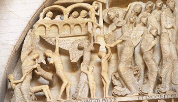 Visual imagery was the solution. For example, the Last Judgement Panel of Autun Cathedral show Jesus in an ideal form in the center shrouded in a oval ring. On one side, fortunate souls are put on the bus to heaven meanwhile some are tortured by demons, thin grotesque forms.