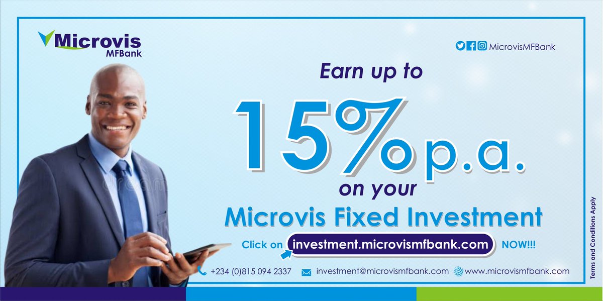 iamGbemiOyebisi's tweet photo. Inviting you to a world of possibilities as you earn while you save.

Earn up to 15% on your Microvis Fixed Investment.

#ThinkInvestment
#ThinkMicrovis https://t.co/BWi1LoKiEN