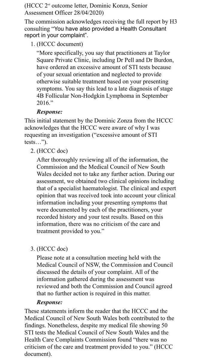 DanielVanRoo1's tweet image. I’ve taken a few screen shots of documents. Each shows statements made from the HCCC who worked together with the Medical Council of NSW. My responses to these statements are included. These should give the reader a clear understanding of how I was being dismissed by the HCCC.