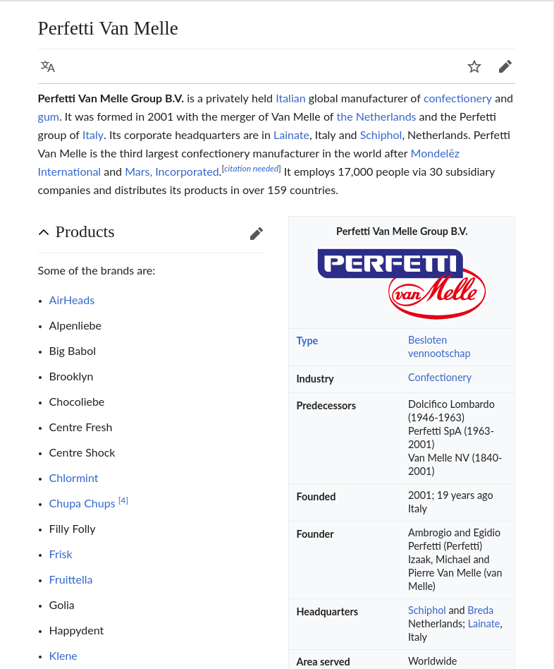 FixmeBot's tweet image. "Perfetti Van Melle": 217 views/day

 Please help improve it!

 en.wikipedia.org/wiki/Perfetti_… #BecomeASCImember
