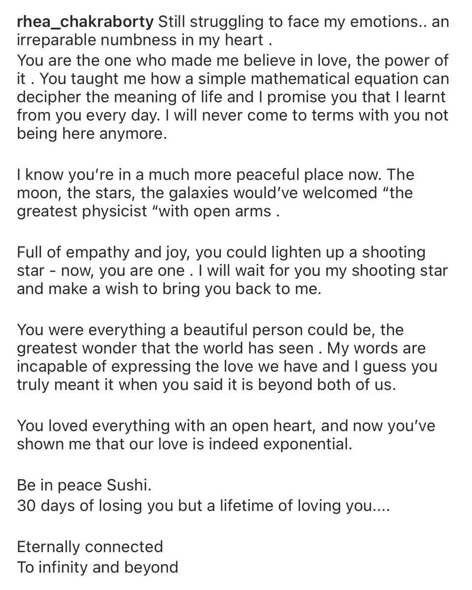 filmfare's tweet photo. #RheaChakraborty pens down an emotional statement for the late #SushantSinghRajput. https://t.co/nJTSDXqBR3