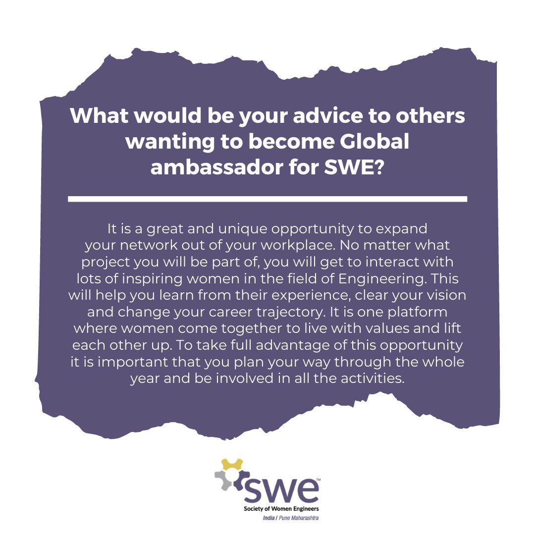 SWEPune's tweet photo. SWE Global Ambassador: Aishwarya Dubey. Global Ambassador Program was created to provide opportunities to women outside of the US to further the effort of SWE.
#SWEPuneAffiliateTurns5 #SheforShe #HeforSWE #strong #empowerment #DiversityWoman #outreach #TogetherWeCan #womenintech https://t.co/R4LpK8mRGt
