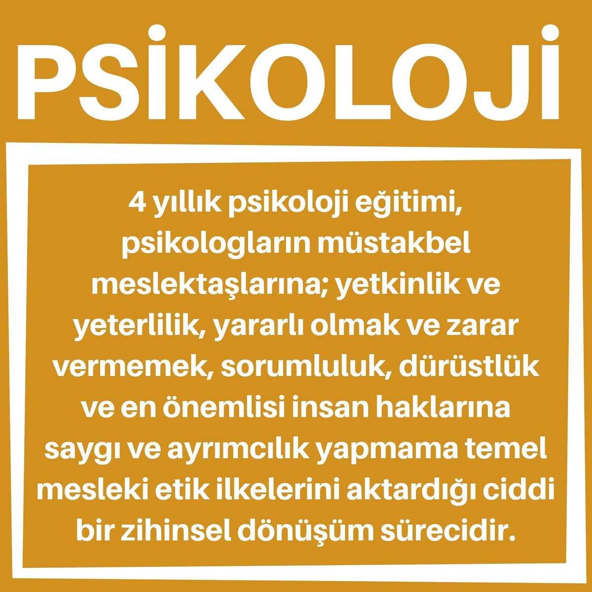 Psikoloji eğitimi, zihinsel dönüşümü içeren bir nevi usta-çırak ilişkisidir. İyi bir eğitim alma şansı olan psikologlar, 4 sene sonunda teorik bilginin yanında bambaşka bir bakış açısı ile mezun olmuş olurlar. #psikolojiaçıköğretimolamaz