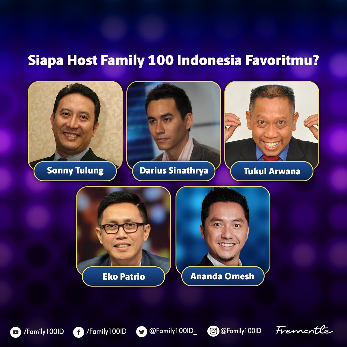 Selamat siang keluarga Indonesia!
Siapa nih yg kangen menjawab survei yang seru dan berhadiah dari #Family100ID ☝🏼
Tapi coba jawab dulu pertanyaaan ini dengan Emoji 👇
😎 =Sonny Tulung
😍 =Darius Sinathrya
😅 = Tukul Arwana
😂 = Eko Patrio
😚 = Ananda Omesh
#Family100Indonesia