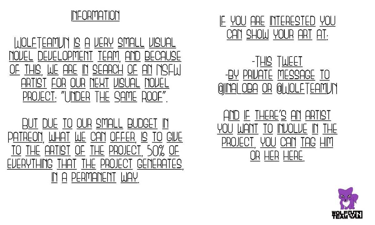 Estamos buscando un artista #NSFW para el próximo proyecto de novela visual / We are looking for an artist NSFW for the next visual novel project

Información aquí/Information here

#Art #indie #indiedev #IndieGameDev #gamedev #vndev #visualnovel #eroge #adultgame #nsfwart #otome