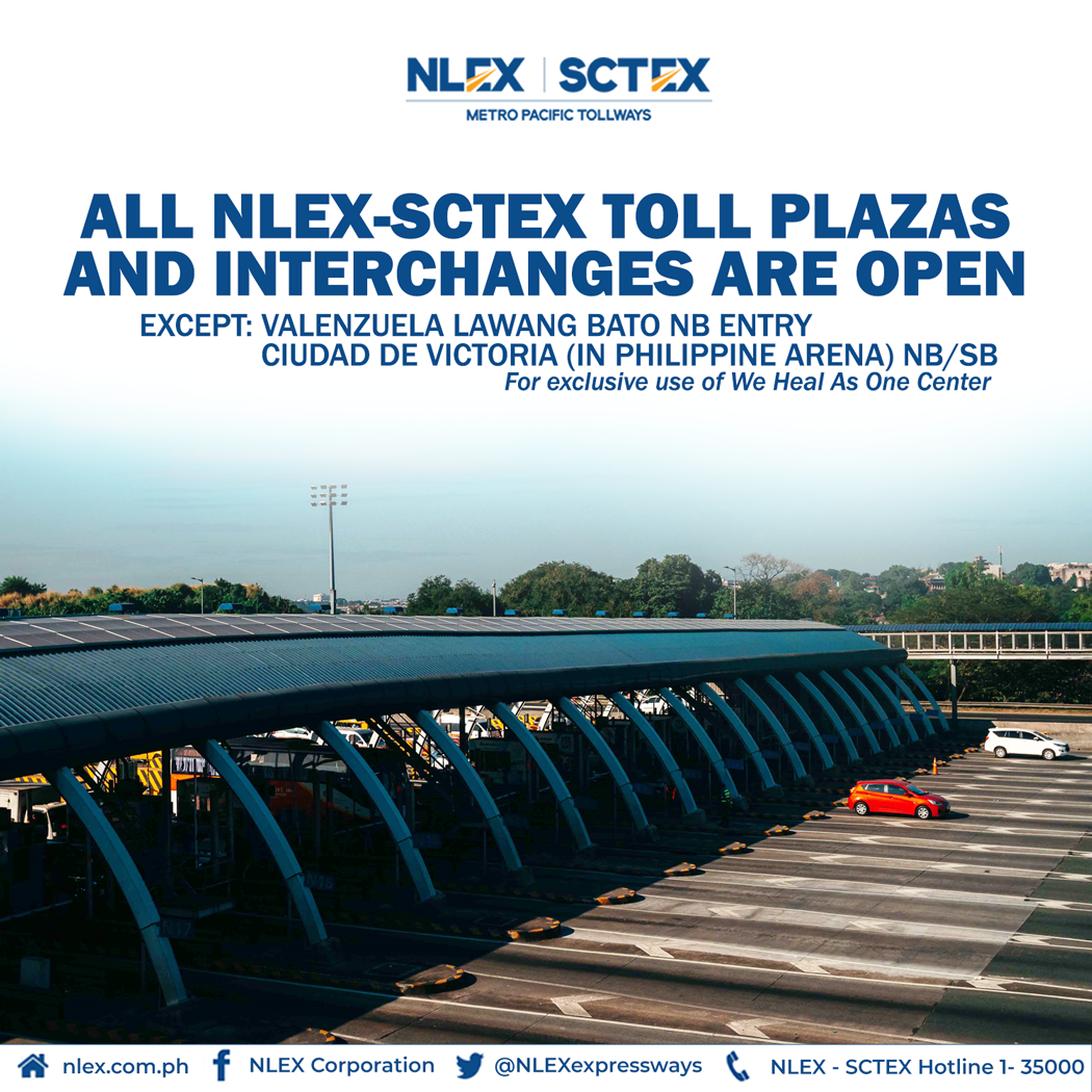 NLEXexpressways's tweet photo. All NLEX-SCTEX toll plazas and interchanges are open except:
- Valenzuela Lawang Bato NB Entry
- Ciudad de Victoria (in Philippine Arena) NB/SB for exclusive use of We Heal As One Center https://t.co/K4JSq4bEOT