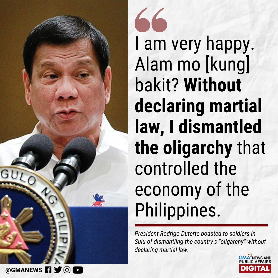 Wala pang isang linggo matapos hindi palusutin sa Kamara ang franchise renewal ng ABS-CBN, inihayag ni Pangulong Rodrigo Duterte, nang walang binabanggit na pangalan, na masayang masaya siya dahil na-"dismantle" niya raw ang oligarkiya.

BASAHIN: bit.ly/2OmwgNp