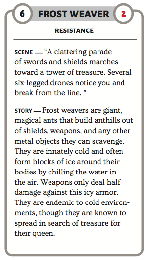 Creatures may not *literally* be meant to be used just once, but their format supports one-time use.if you want to spend word count on one evocative scene for the players to riff on, that's cool, but it comes with the trade-off of not having spent those words on *reusability*