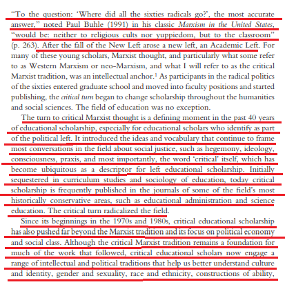 4/In "The Critical Turn in Education" Isaac gottesman, explains how leftist brought marxism into universities and radicalized the field of education in the 70's (pic 1) and then brought in Postmodern feminist ideas and critical race theory in the 80's and 90's. (pic 2)