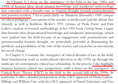 4/In "The Critical Turn in Education" Isaac gottesman, explains how leftist brought marxism into universities and radicalized the field of education in the 70's (pic 1) and then brought in Postmodern feminist ideas and critical race theory in the 80's and 90's. (pic 2)