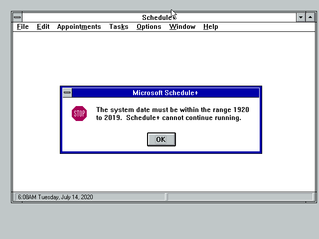 GilangHamidy's tweet photo. Y2020 problem with Microsoft Schedule+. This software is not future proof.

cc: @Foone https://t.co/9vWJUFRyQC