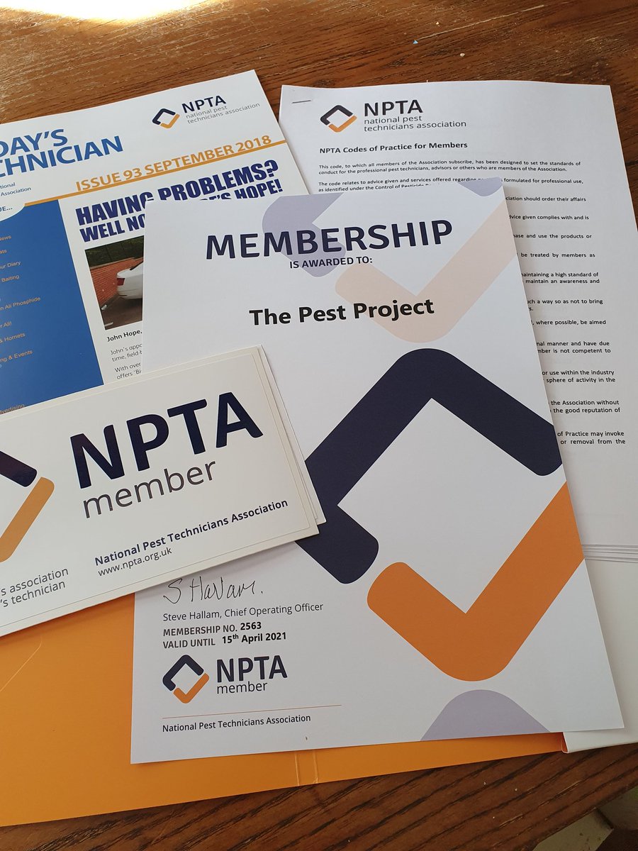 ProjectPest's tweet photo. Proud to become a member of the @TheNPTA and revieve their intro pack - great reading in between wasp jobs! 🐝 #educatoon #continuoustraining #pestcontrol https://t.co/w4POAOK3fW