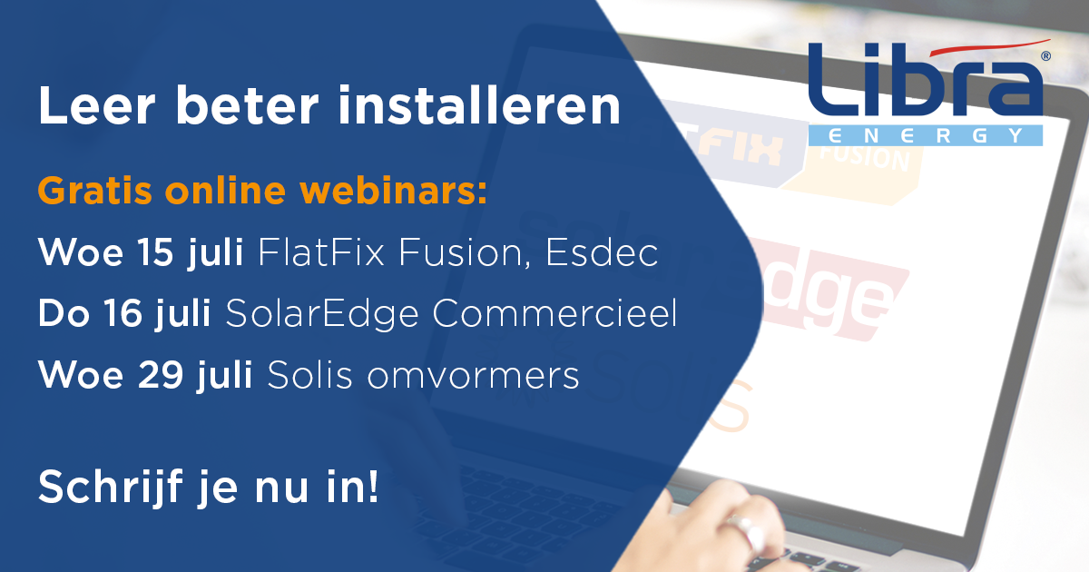Word nog beter in jouw vak met de online #webinars van #LibraEnergy in samenwerking met onze partners. Leer in slechts 1,5 uur alles wat je moet weten zodat ook jij betrouwbaar, snel en veilig kunt installeren.

Schrijf je nu in voor de gratis webinars:
bit.ly/3fqwFdK