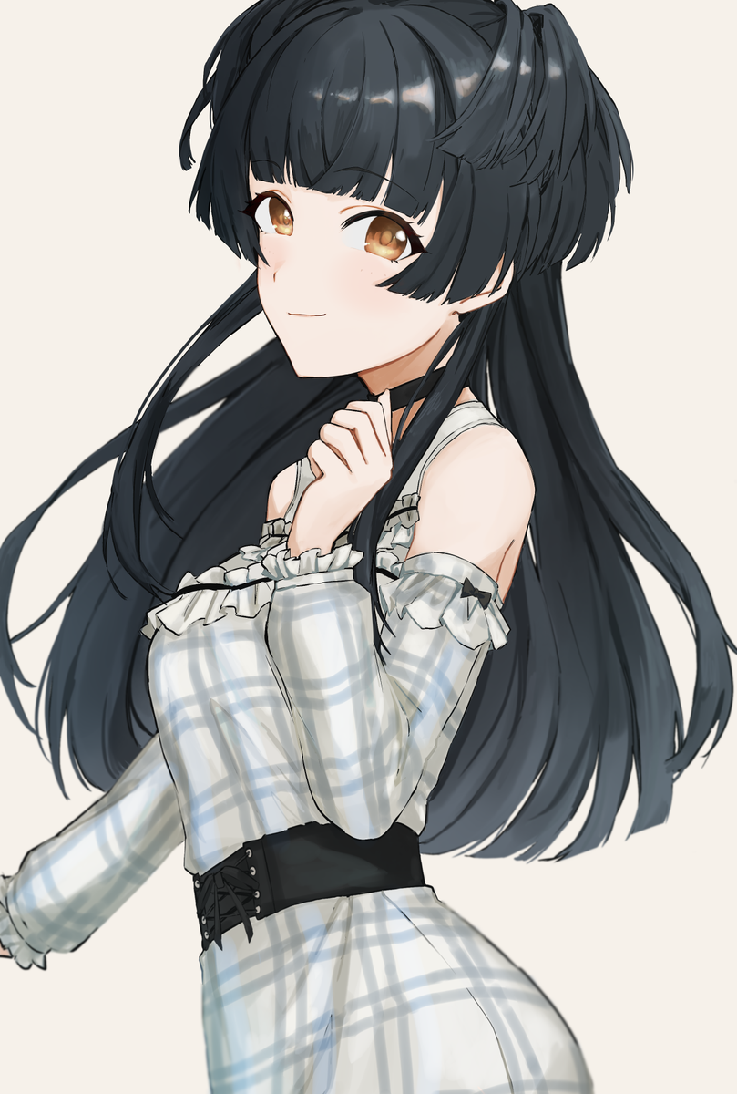 mayuzumi fuyuko 1girl solo black hair looking at viewer long hair dress simple background  illustration images