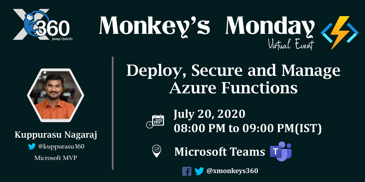 XMonkeys360's tweet photo. Next session in "๐๐จ๐ง๐ค๐๐ฒ'๐ฌ ๐๐จ๐ง๐๐๐ฒ" virtual event series is on "๐๐๐ฉ๐ฅ๐จ๐ฒ, ๐๐๐๐ฎ๐ซ๐ ๐๐ง๐ ๐๐๐ง๐๐ ๐ ๐๐ณ๐ฎ๐ซ๐ ๐
๐ฎ๐ง๐๐ญ๐ข๐จ๐ง๐ฌ" by @kuppurasu360
Register Here: https://t.co/XnAymB8e2Y
#azure #functions #azurefunctions #XMonkeys360 #MonkeysMonday https://t.co/VWbjclJLEo