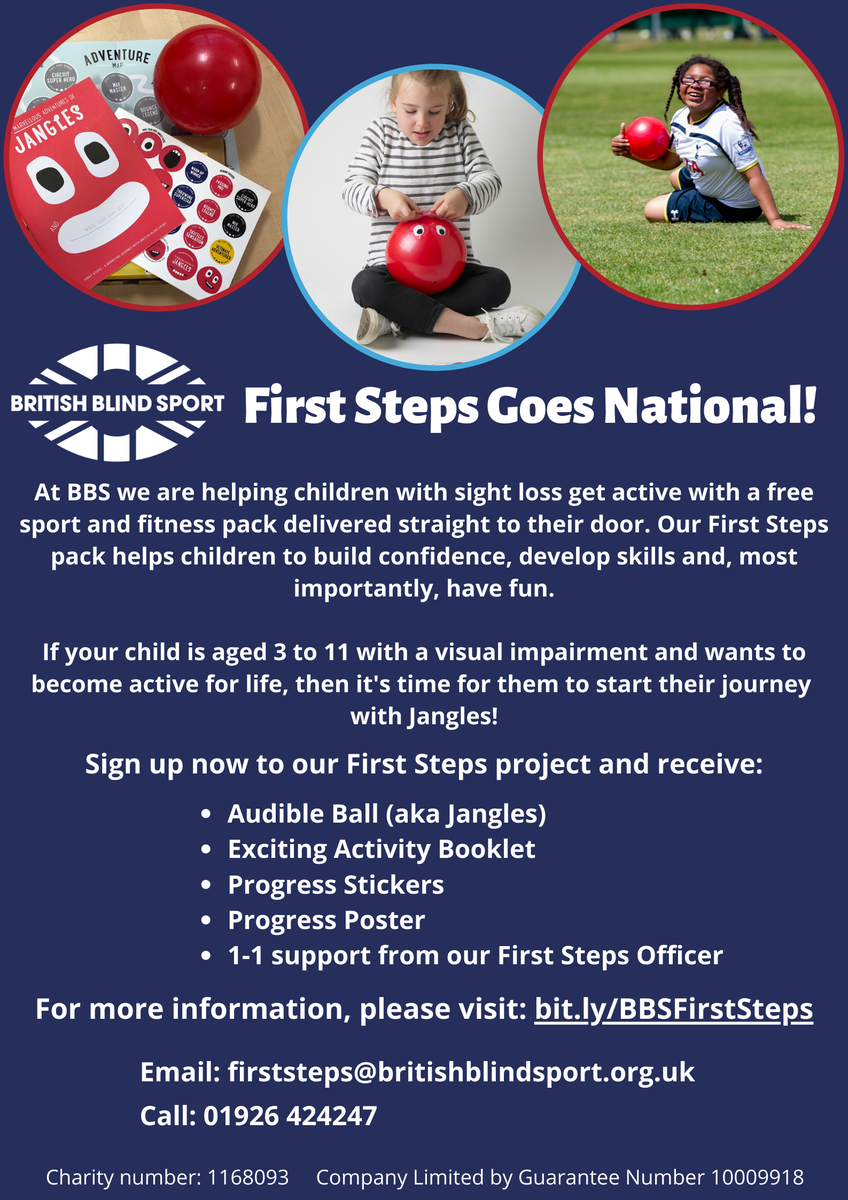 BritBlindSport's tweet photo. Registrations for our First Steps project are OPEN 🎉 If you have a children aged 3 - 11 with a VI, then this project is for you! To find out more info about the project, head over to our webpage at: https://t.co/RNCLWSLeoZ where you can also register for a free pack 👣 #Jangles https://t.co/szCJDUSOBf