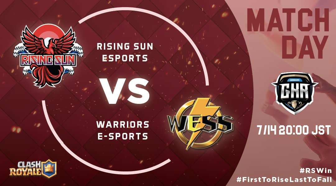 RisingSun_GG's tweet photo. 【クラロワ部門】
@GkrLeagues
今日の20:00から Rising Sun Esports vs. WESS の試合があります!
試合の模様はRix(@Rix_game777)さんのMirrativにて配信致します。
⚔️ vs. WESS
(@WESS__CR)
🔜 20:00 JST🇯🇵
📺 https://t.co/kLmup72yC8
#FirstToRiseLastToFall
#RSWin https://t.co/Tr0DljKF8J