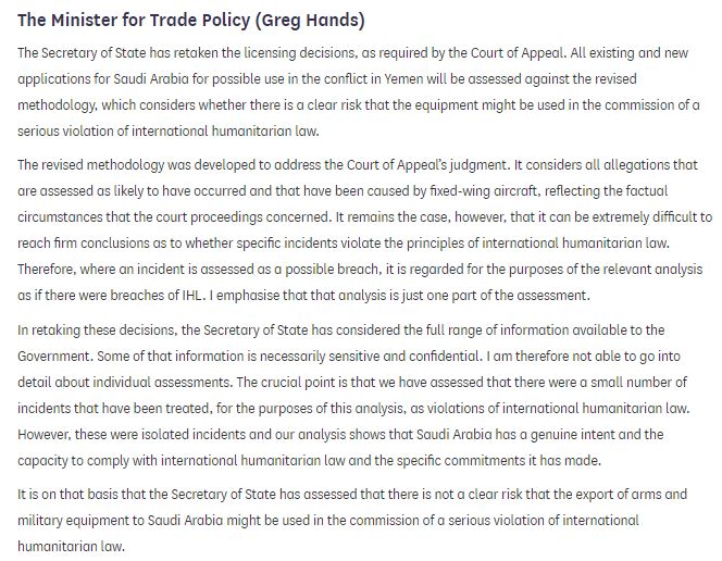 markcurtis30's tweet image. Amazing statement by the govt yesterday: "There is not a clear risk that the export of arms and military equipment to Saudi Arabia might be used in the commission of a serious violation of international humanitarian law". Just brazen lying. rb.gy/n4pemz