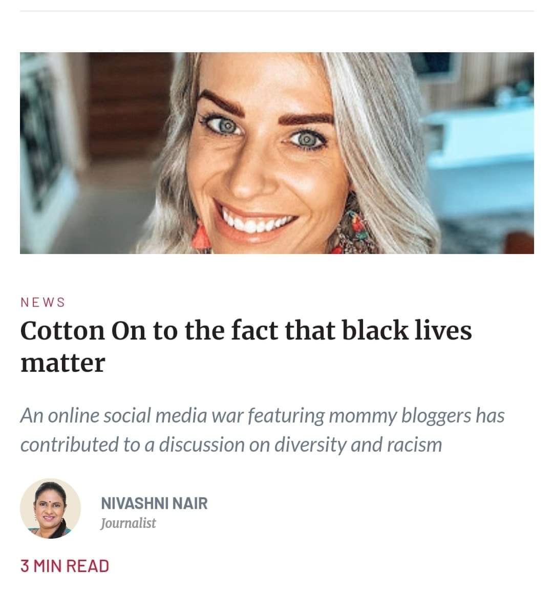 NivashniNair's tweet photo. It started with a letter to white moms after blogger Shan Fourie's little son was surprised to see three black people in a car together. 
And then Cotton On was called out for allegedly excluding bloggers of colour as its influencers.
Want to know more? On @TimesSelect today https://t.co/UNxG3vOaPW