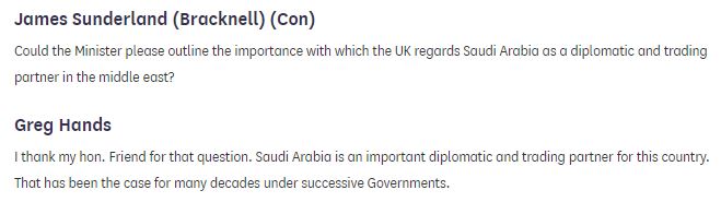 markcurtis30's tweet image. Here's the rub. "Saudi Arabia is an important diplomatic and trading partner for this country. That has been the case for many decades under successive governments." Certainly true, Whitehall has a special relationship with Riyadh, under Labour as well as Tory.