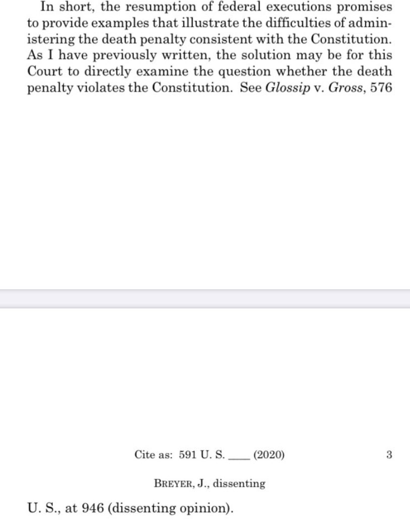 Breyer and Ginsburg, in dissent, reiterate their call to revisit the constitutionality of the death penalty — and say that federal executions “promise[]” to give us more examples of the constitutional problems with carrying out executions.