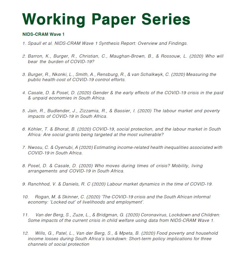 Tim Köhler (@timothykohler) on Twitter photo Tomorrow at 12:00, we are launching the results of the National Income Dynamics Study (NIDS) Coronavirus Rapid Mobile Survey (CRAM). The largest non-medical COVID-19 research project in SA! List of papers included below.
Register to attend here: us02web.zoom.us/webinar/regist… Tomorrow at 12:00, we are launching the results of the National Income Dynamics Study (NIDS) Coronavirus Rapid Mobile Survey (CRAM). The largest non-medical COVID-19 research project in SA! List of papers included below.
Register to attend here: us02web.zoom.us/webinar/regist…