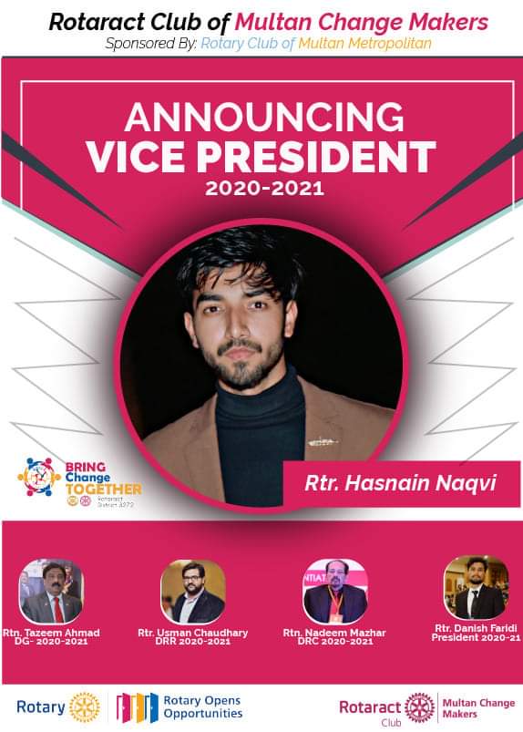racmcmm's tweet photo. Warm Greetings, 
We are elated to promulgate our Vice presidents of 2020-21 RID 3272
In Shaa Allah Rotaract will gain much benefits from his assiduous and scrupulous ministrations.
#bringchangetogether 
#rotaryopenopportunity #RotaractMultan https://t.co/v5CyToNiJm