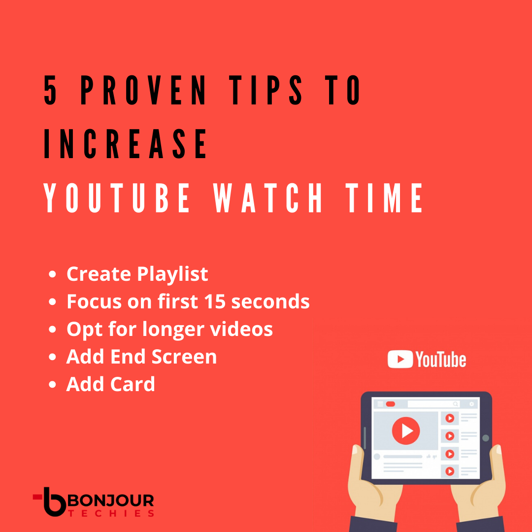 BonjourTechies's tweet photo. Follow these proven tips to increase your watch time on Youtube! 
#bonjourtechies #youtube #video #socialmedia #socialmeediamarketing #digitalmarketing #digitalmarketingtips #digitalmarketingagency #marketing #marketingtips #smm #seo https://t.co/L25bDAqAhy