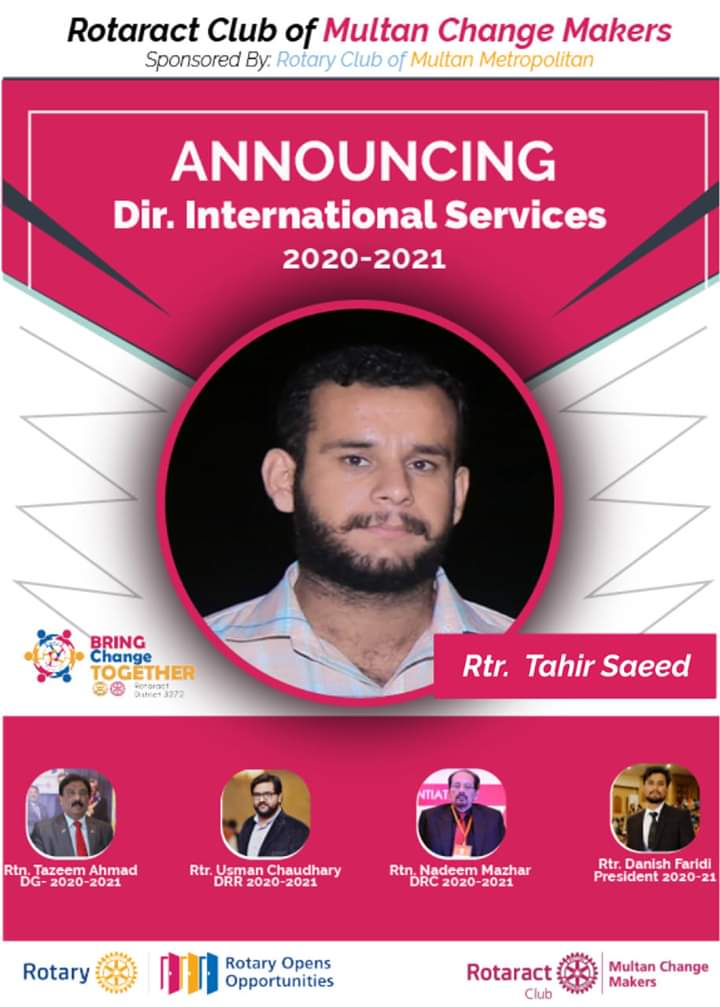 racmcmm's tweet photo. Warm Greetings, 
We are elated to promulgate our J.Secretary and Director International Services of 2020-21 RID-3272
In Shaa Allah Rotaract will gain much benefits from his assiduous and scrupulous ministrations.
#bringchangetogether 
#rotaryopenopportunity #RotaractMultan https://t.co/X7b0XeklPs