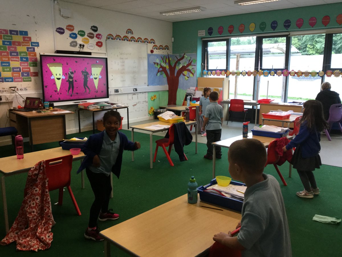 RakegatePrimary's tweet image. Mrs Bradley's bubble working in the class, dancing along to go noodle and some outdoor rainbow hour sessions with Mr BW. #BlackCountryRainbowHour