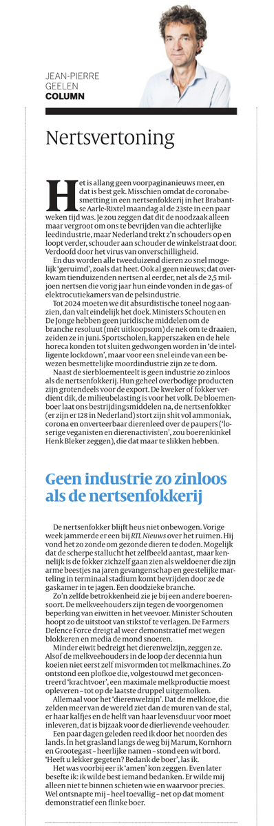 RuudvdVelden010's tweet photo. 'Geen industrie zo zinloos als de nertsenfokkerij. Een doodzieke branche.' Rake column @jpgeelen in @volkskrant #dierenleed https://t.co/7Jm7aVeI2R