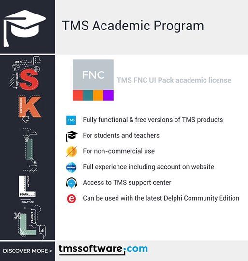 BarnstenFR's tweet photo. Excellente nouvelle pour nos prochaines générations de développeurs passionnés de #Delphi ! La licence académique du pack d'interface utilisateur TMS FNC de TMS Software est maintenant disponible ! Pour en savoir, cliquez ici : https://t.co/kihoDK5TNV 
#TMSFNCUIPack #TMSSoftware https://t.co/HwBaXURq8m