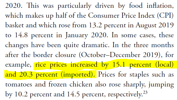 Two screenshots shared by  @seunsmith from WB& #39;s latest report on Nigeria. The border closure has meant that the Nigerian consumer has to spend more on food to maintain the same welfare. Rice is the biggest culprit here.