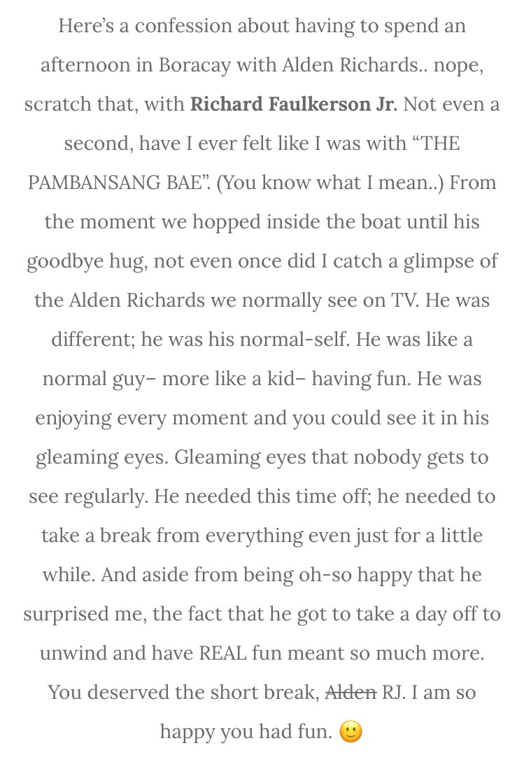 “I know for a fact na hindi nya ako papabayaan– kahit anong mangyari.”Nakakatuwa lang din isipin na they can be their own normal selves kapag magkasama sila. This blog entry of Maine also shows how appreciative she is of the things Alden or rather, Richard would do for her.