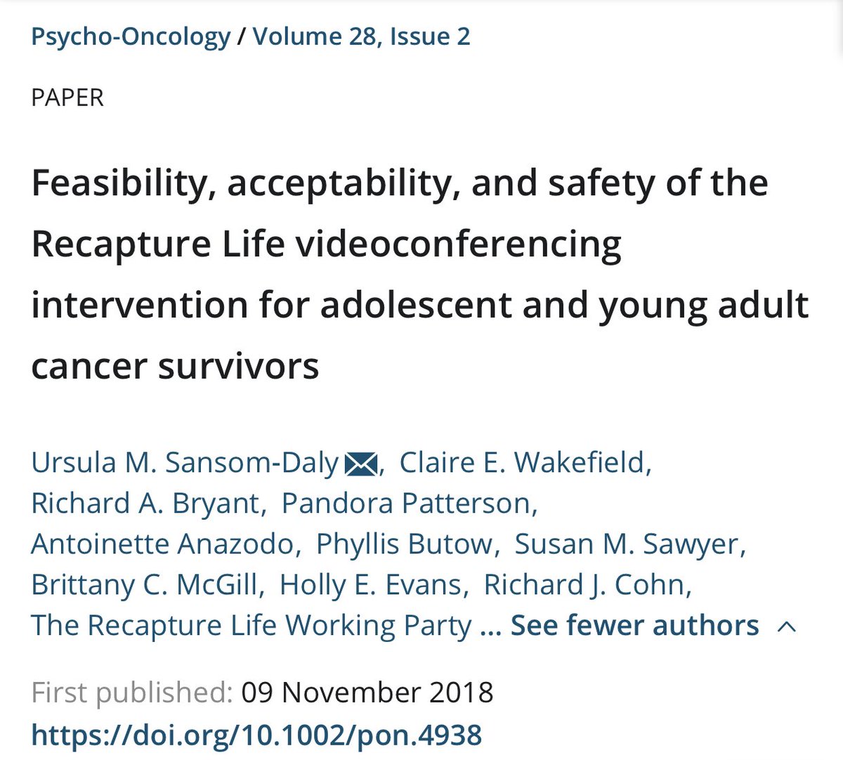 So there are pros/cons, risks & benefits. Worth remembering:  #telehealth may help some ppl access psych support who otherwise would not have. In our Recapture Life online  #CBT trial 49% were young men- pretty unheard of in  #MentalHealth research!  https://doi.org/10.1002/pon.4938 7/