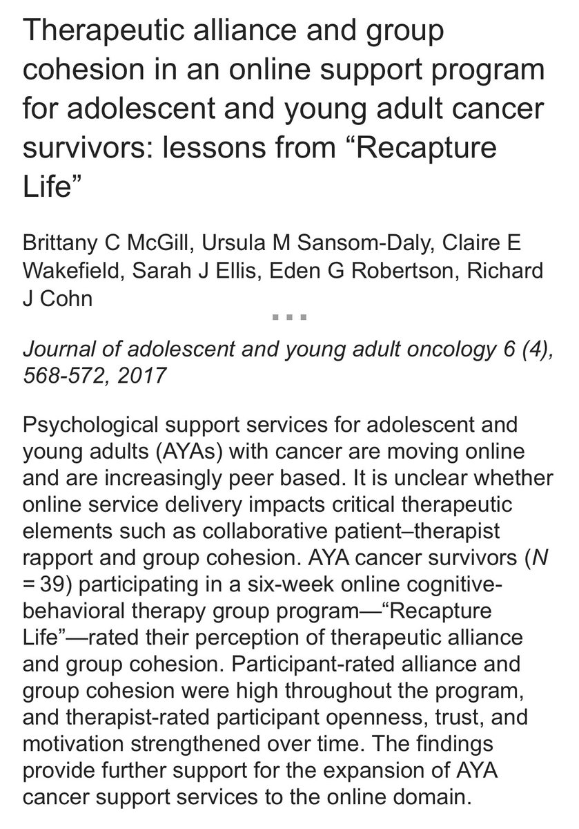 In our online  #CBT group program for  #AYA cancer survivors, our AYAs were consistently v positive about alliance w therapists + group connections. BUT therapists grew more positive re AYAs’ openness, trust+motivation as the online program evolved. 3/ https://doi.org/10.1089/jayao.2017.0001