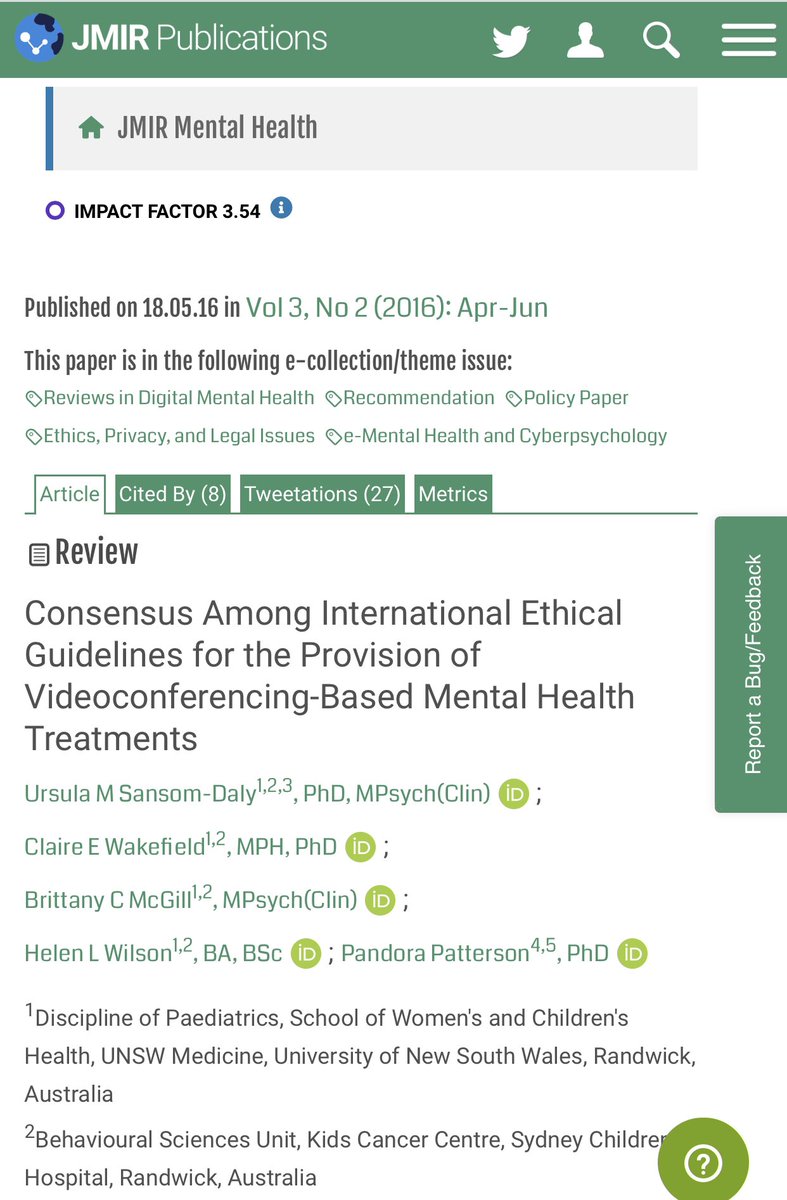 A few yrs ago my team examined recommendations from 19 global psychological ethical bodies to see what we could all agree upon re  #Telehealth. There was a *surprising* degree of variation in the recommendations made. (Guideline quality also varied ++) 4/  http://doi.org/10.2196/mental.5481