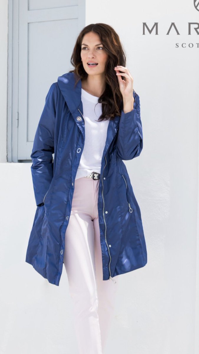 MARBLE Shower resistant 3/4 light weight blue Mac, with a flattering waistline, curved collar with concealed HOOD &amp; zip pockets £95 quote ss20 for 20% off. bonkersfashions.co.uk