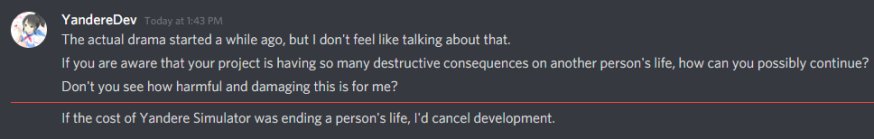  #Yanderedevisoverparty HE THREATENED SUICIDE AND GOT THE CREATOR OF WATASHI NO MONO TO STOP DEVELOPMENT AND TRIED TO DO THE SAME TO THE LOVESICK PROJECT. CANCEL THIS GUY C'MON.